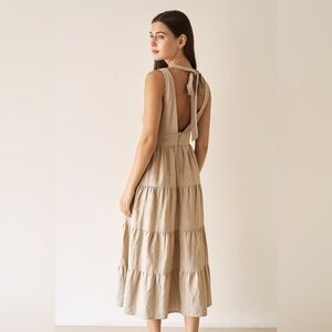House Of Harlow 1960 Tan Linen Blend Tiered Plunge V Neck Midi Dress Size Medium